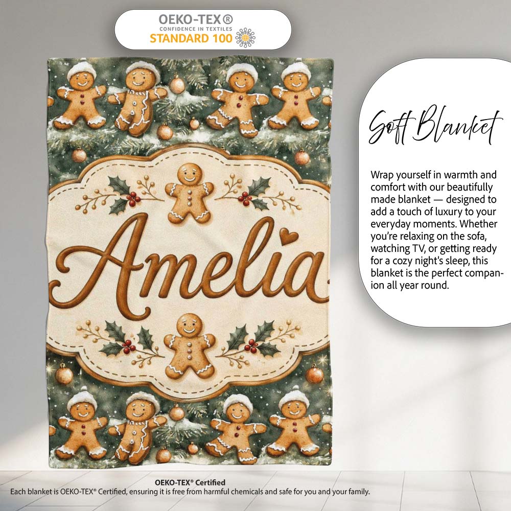 Cute Gingerbread Cookies on Christmas Tree Background Seamless Personalised Custom Name Super Soft Fleece Blanket Bed Sofa Throw