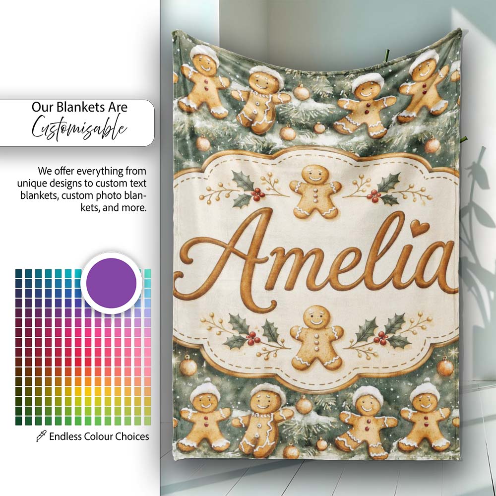 Cute Gingerbread Cookies on Christmas Tree Background Seamless Personalised Custom Name Super Soft Fleece Blanket Bed Sofa Throw