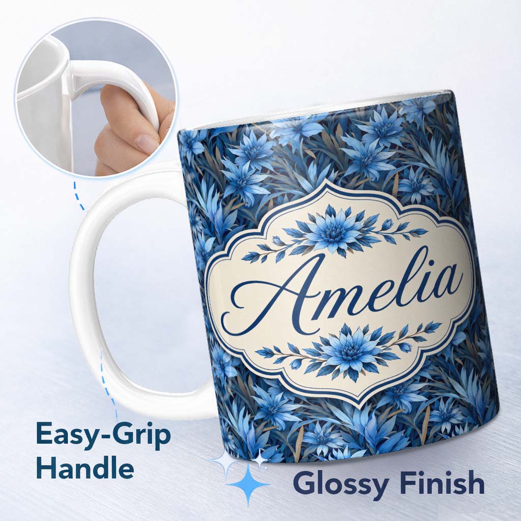 Personalized Custom Name Blue Floral Botanical Dense Garden Seamless Pattern Cute Unique Gift 11oz Ceramic Coffee Tea Mug White Large Handle