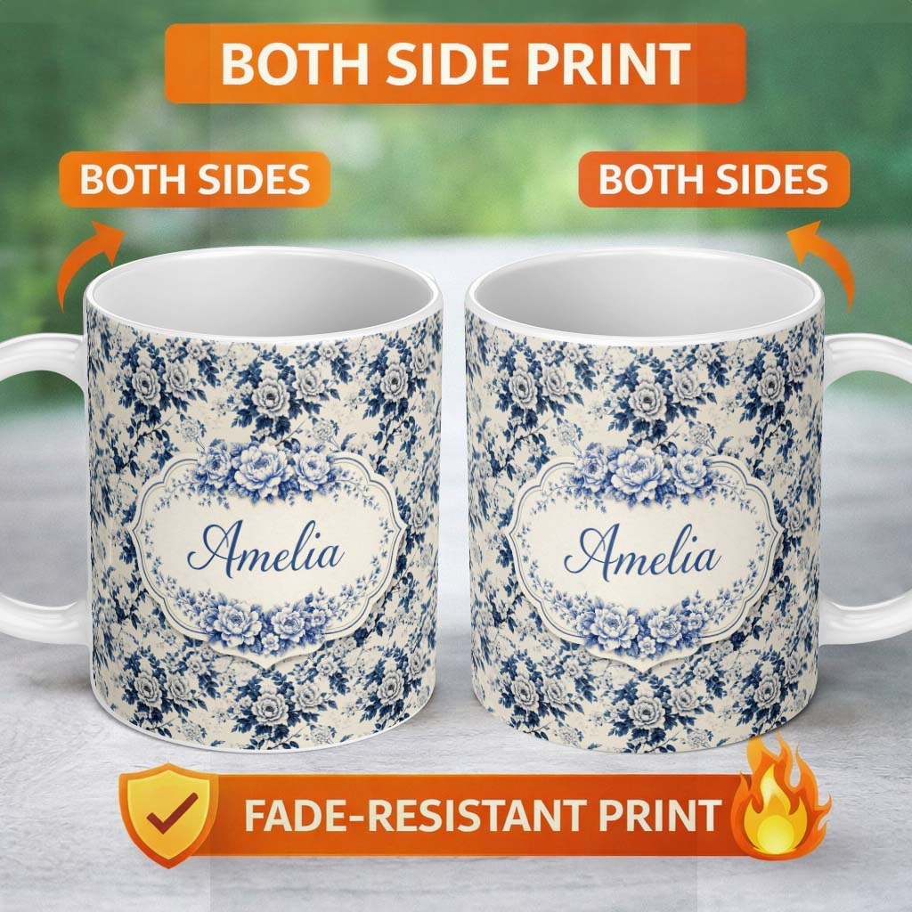 Personalized Custom Name Classic Blue White Toile Floral Seamless Pattern Cute Unique Gift 11oz Ceramic Coffee Tea Mug White Large Handle