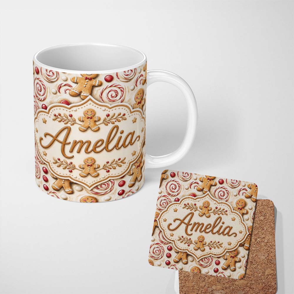 Personalized Custom Name Cute Gingerbread Cookies with Swirl Candies and Bows Seamless 11oz Ceramic Coffee Tea Mug White Large Handle