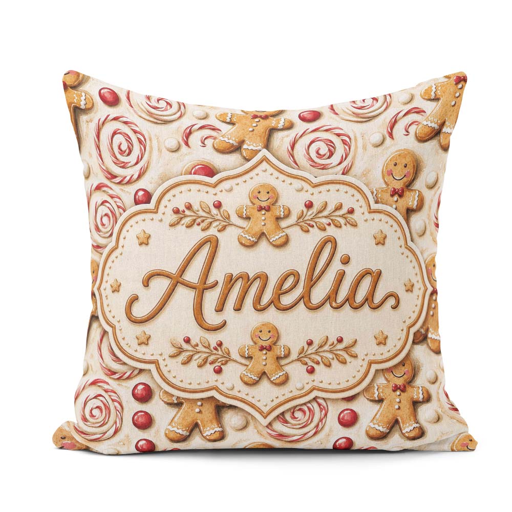 Custom Name Cute Gingerbread Cookies with Swirl Candies and Bows Square Filled Cushion Throw Pillow Sofa Bed Home Decor Zip Washable UK Made