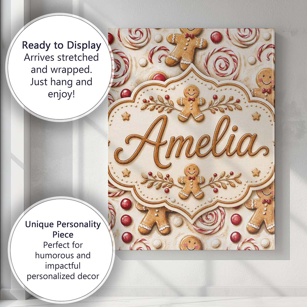 Personalised Name Cute Gingerbread Cookies Custom Unique Gift Idea Elegant Feature Canvas Wall Art Print Decor Picture Ready to Hang