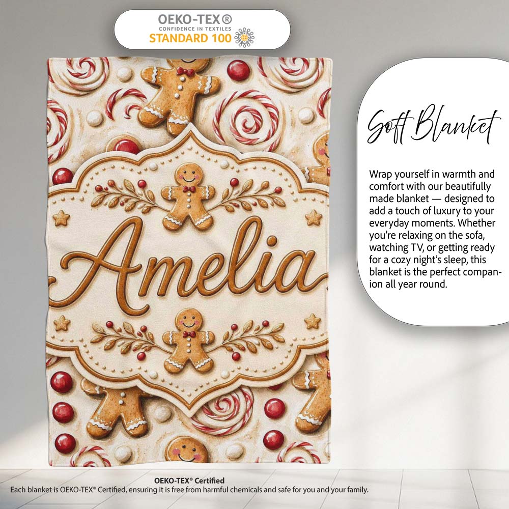 Cute Gingerbread Cookies with Swirl Candies and Bows Seamless Personalised Custom Name Super Soft Fleece Blanket Bed Sofa Throw