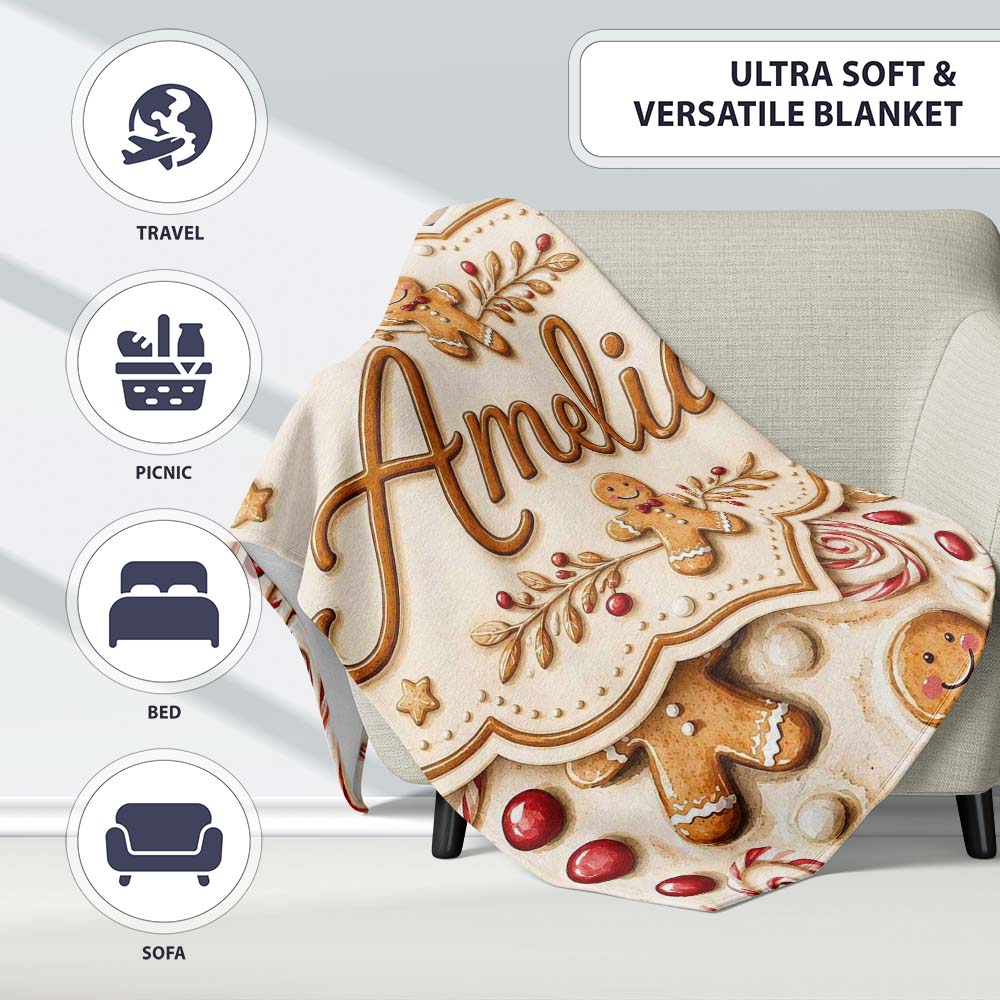 Cute Gingerbread Cookies with Swirl Candies and Bows Seamless Personalised Custom Name Super Soft Fleece Blanket Bed Sofa Throw