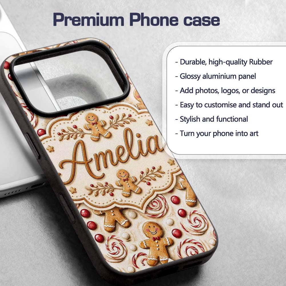 Cute Gingerbread Cookies with Swirl Candies and Custom Name Protective Phone Case Mobile Cover Durable Everyday Smartphone Shock Resistant