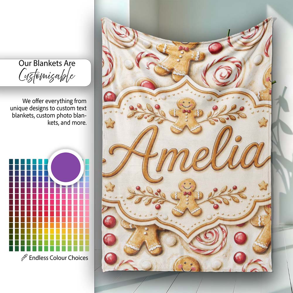 Cute Gingerbread Cookies with Swirl Candies and Bows Seamless Personalised Custom Name Super Soft Fleece Blanket Bed Sofa Throw