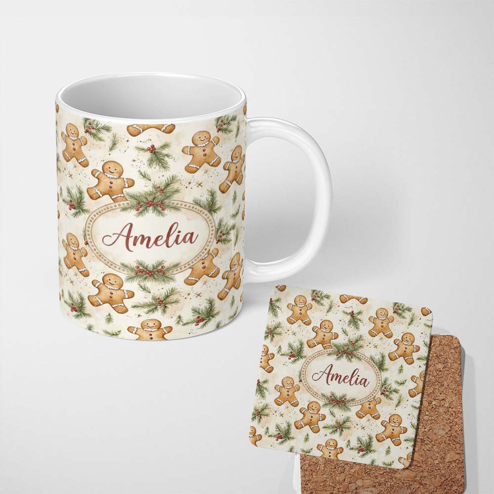 Personalized Custom Name Cute Gingerbread Cookies with Pine Sprigs and Snowflakes Seamless 11oz Ceramic Coffee Tea Mug White Large Handle