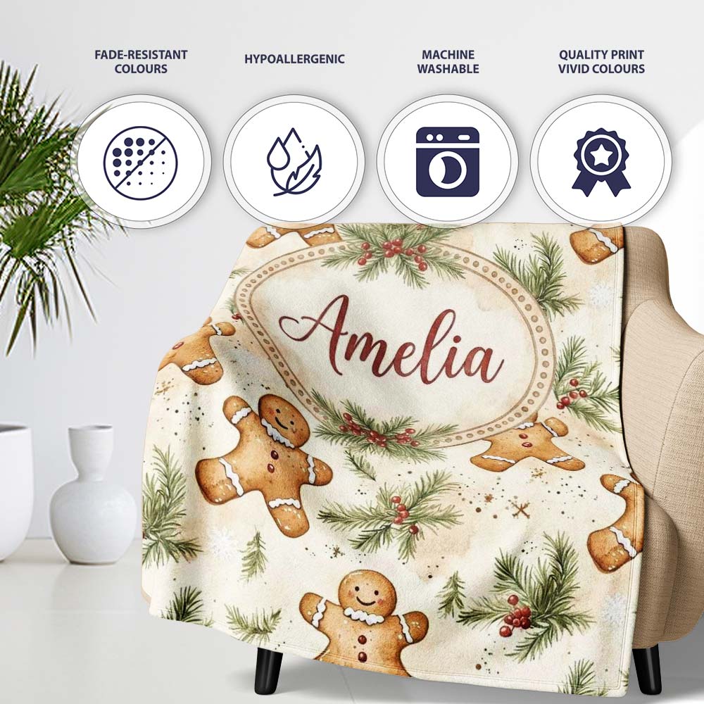 Cute Gingerbread Cookies with Pine Sprigs and Snowflakes Seamless Personalised Custom Name Super Soft Fleece Blanket Bed Sofa Throw