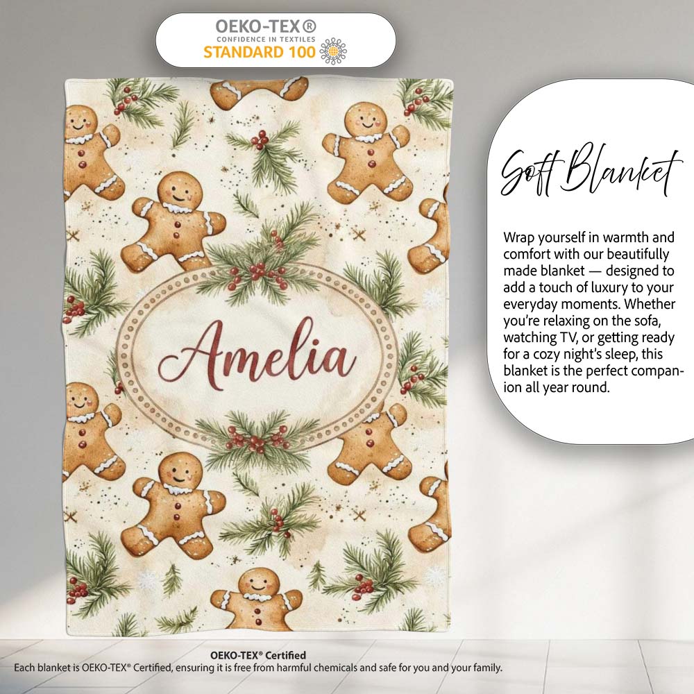 Cute Gingerbread Cookies with Pine Sprigs and Snowflakes Seamless Personalised Custom Name Super Soft Fleece Blanket Bed Sofa Throw