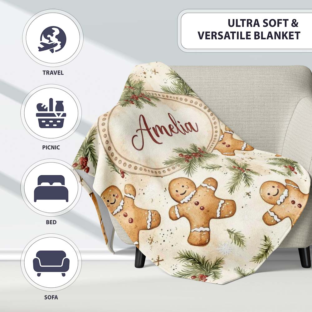 Cute Gingerbread Cookies with Pine Sprigs and Snowflakes Seamless Personalised Custom Name Super Soft Fleece Blanket Bed Sofa Throw