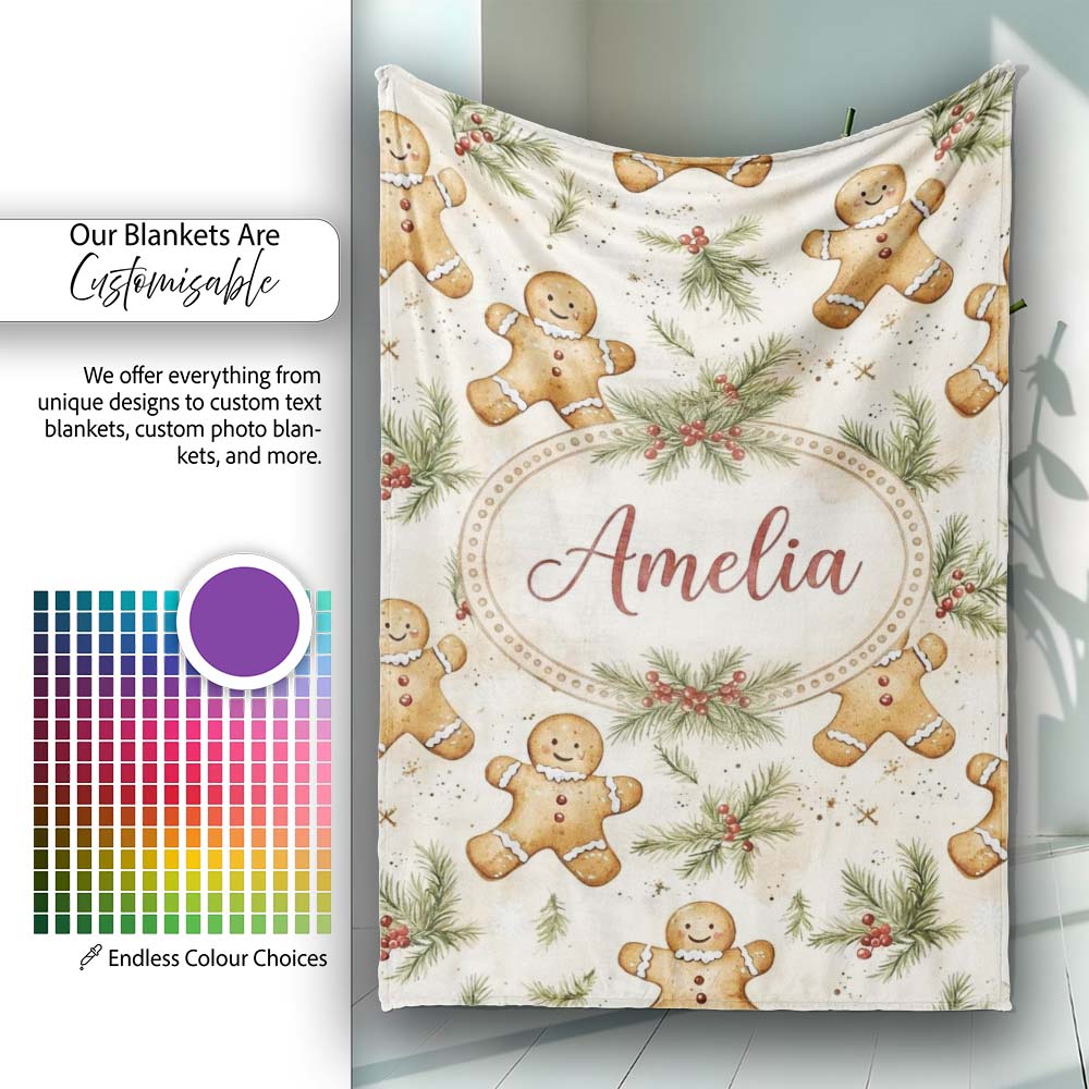 Cute Gingerbread Cookies with Pine Sprigs and Snowflakes Seamless Personalised Custom Name Super Soft Fleece Blanket Bed Sofa Throw