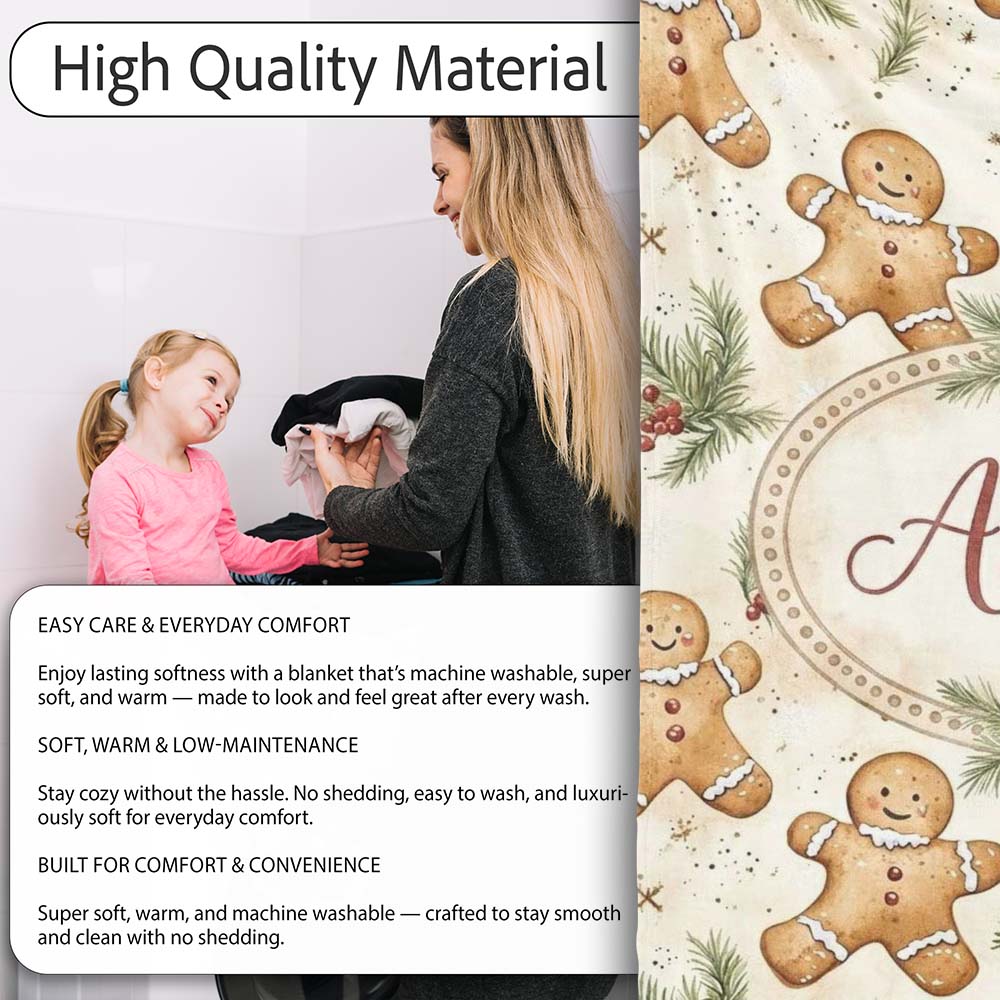 Cute Gingerbread Cookies with Pine Sprigs and Snowflakes Seamless Personalised Custom Name Super Soft Fleece Blanket Bed Sofa Throw