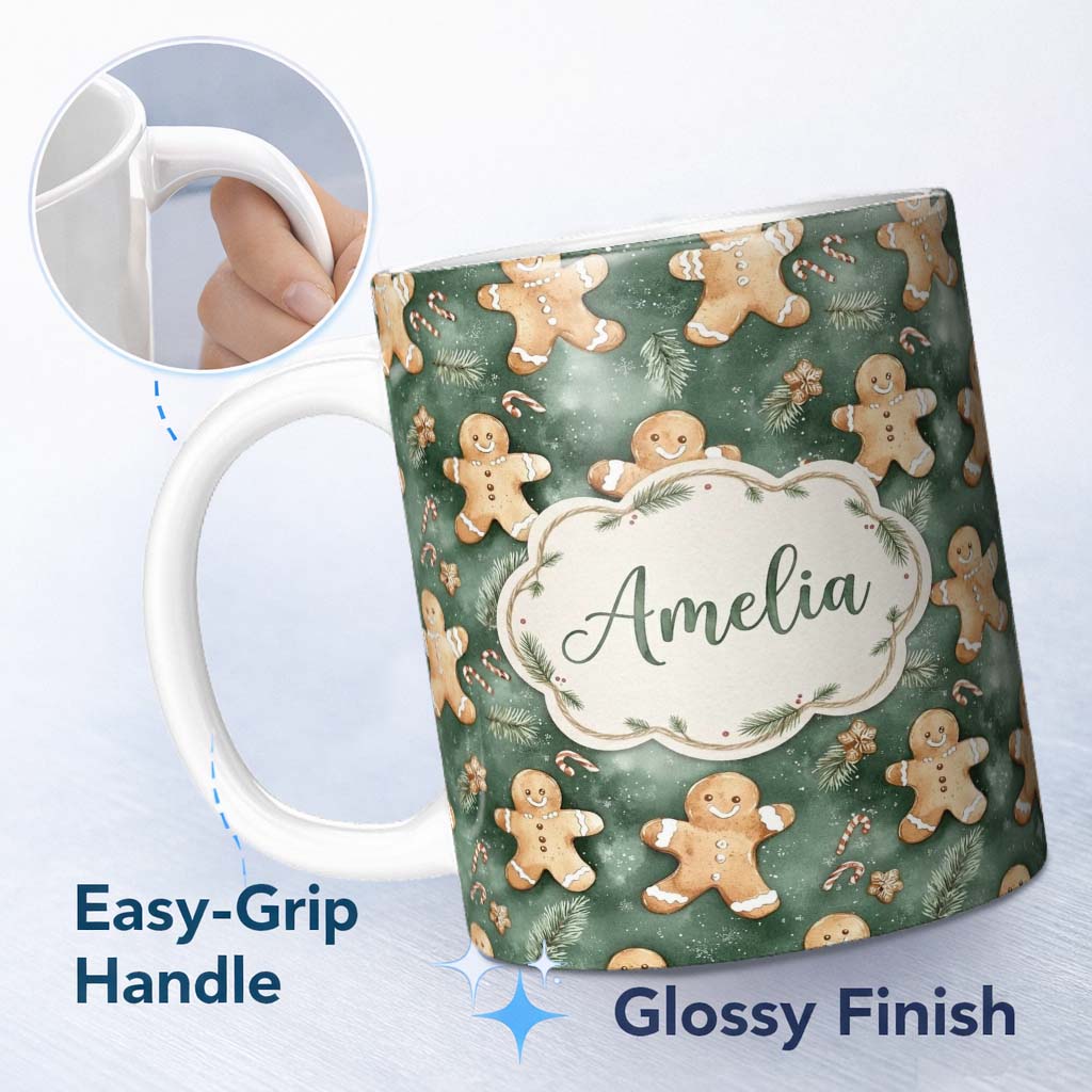 Personalized Custom Name Cute Gingerbread Cookies on Green Festive Background Seamless 11oz Ceramic Coffee Tea Mug White Large Handle