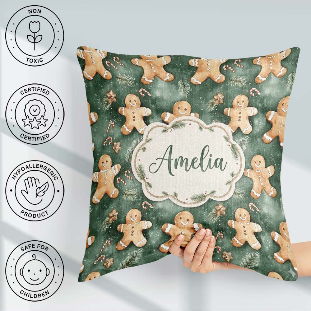 Custom Name Cute Gingerbread Cookies on Green Festive Background Square Filled Cushion Throw Pillow Sofa Bed Home Decor Zip Washable UK Made