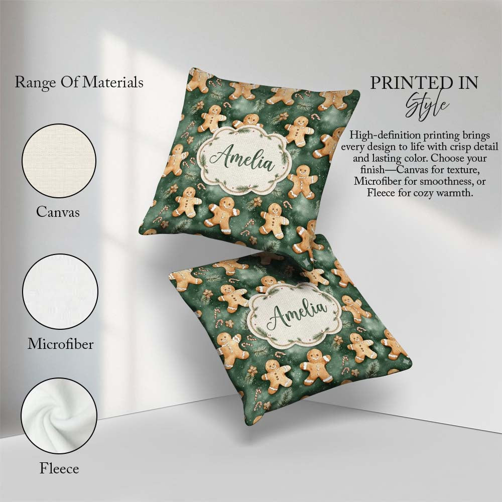 Custom Name Cute Gingerbread Cookies on Green Festive Background Square Filled Cushion Throw Pillow Sofa Bed Home Decor Zip Washable UK Made