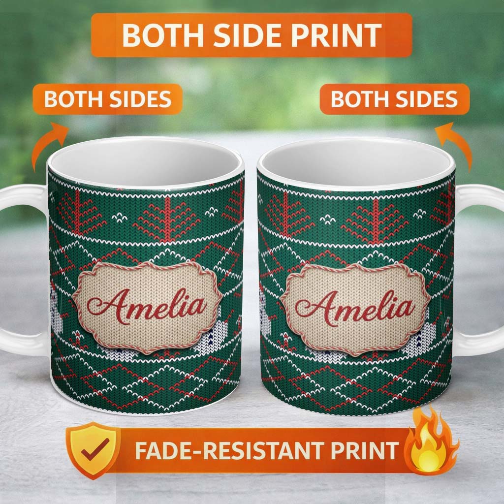 Personalized Custom Name Cute Green Nordic Llama Alpaca Winter Christmas Knitted Seamless 11oz Ceramic Coffee Tea Mug White Large Handle