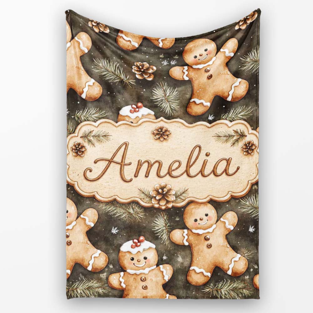 Cute Gingerbread Cookies with Pinecones and Fir Branches Seamless Personalised Custom Name Super Soft Fleece Blanket Bed Sofa Throw
