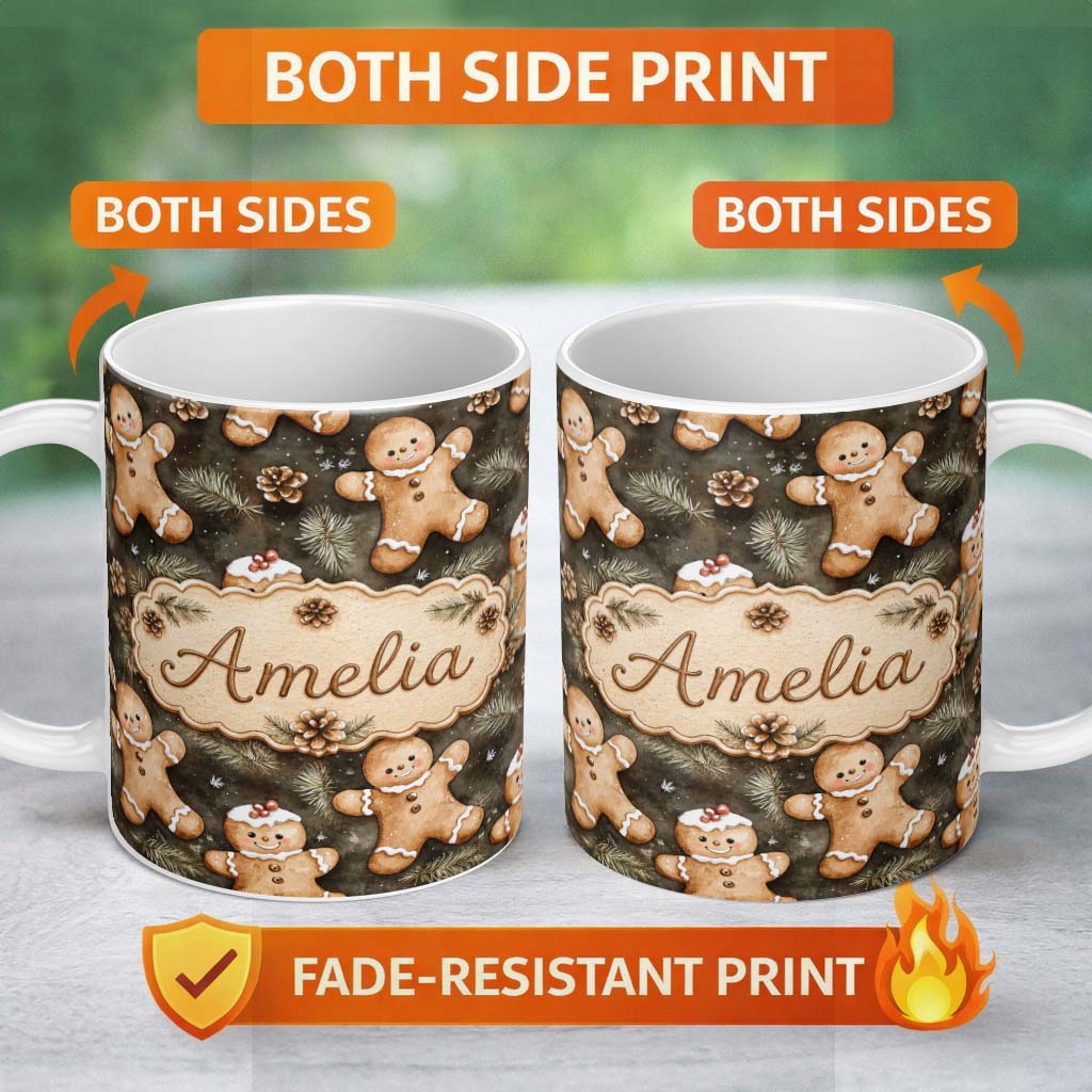 Personalized Custom Name Cute Gingerbread Cookies with Pinecones and Fir Branches Seamless 11oz Ceramic Coffee Tea Mug White Large Handle