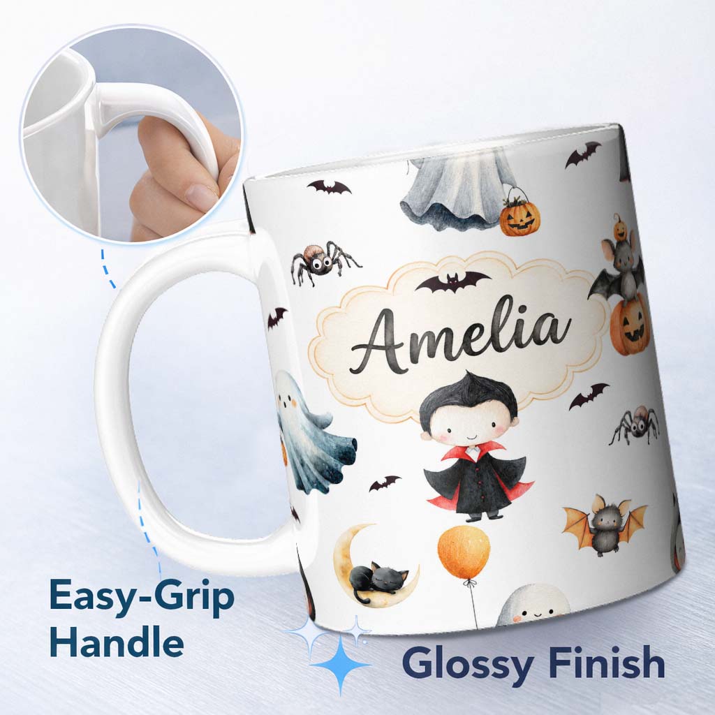 Personalized Custom Name Cute Halloween Dracula Ghost Bats on Light Grey Background Seamless 11oz Ceramic Coffee Tea Mug White Large Handle