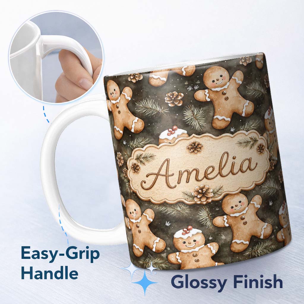 Personalized Custom Name Cute Gingerbread Cookies with Pinecones and Fir Branches Seamless 11oz Ceramic Coffee Tea Mug White Large Handle