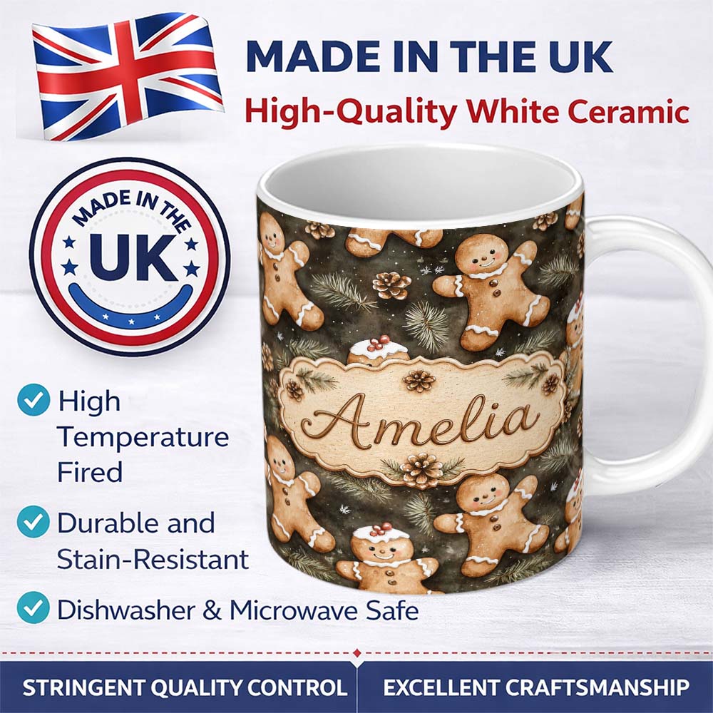 Personalized Custom Name Cute Gingerbread Cookies with Pinecones and Fir Branches Seamless 11oz Ceramic Coffee Tea Mug White Large Handle