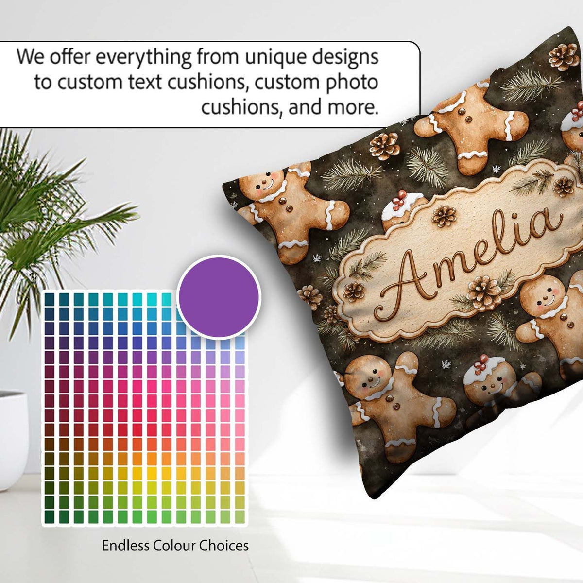 Custom Name Gingerbread with Pinecones and Fir Branches Seamless Square Filled Cushion Throw Pillow Sofa Bed Home Decor Zip Washable UK Made