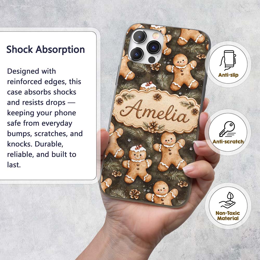 Cute Gingerbread Cookies with Pinecones and Fir Custom Name Protective Phone Case Mobile Cover Durable Everyday Smartphone Shock Resistant
