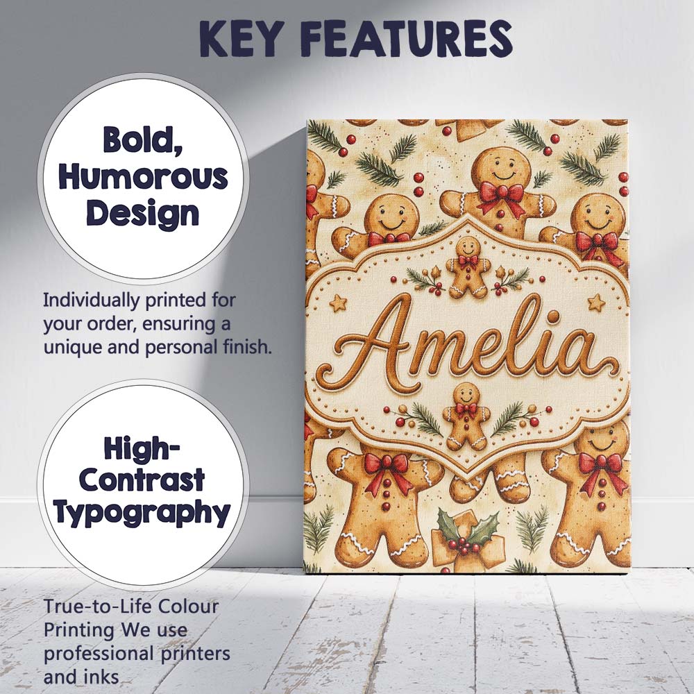 Personalised Name Cute Gingerbread Cookies Custom Unique Gift Idea Elegant Feature Canvas Wall Art Print Decor Picture Ready to Hang
