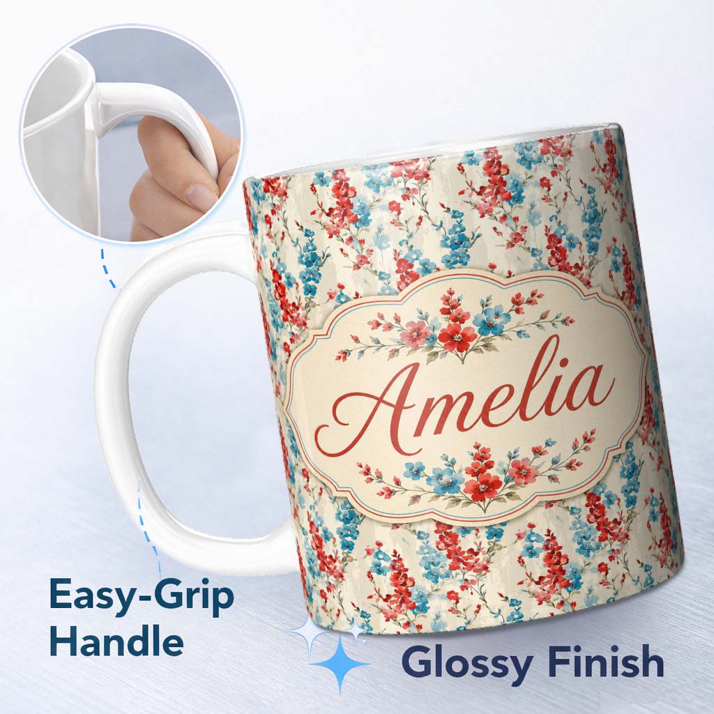Personalized Custom Name Red and Blue Floral Stripe Pattern on Textured Neutral Background 11oz Ceramic Coffee Tea Mug White Large Handle