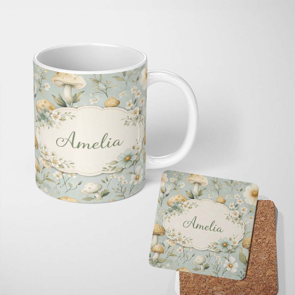 Personalized Custom Name Mushroom Botanical Seamless Pattern Cute Unique Gift Lovely 11oz Ceramic Coffee Tea Mug White Large Handle