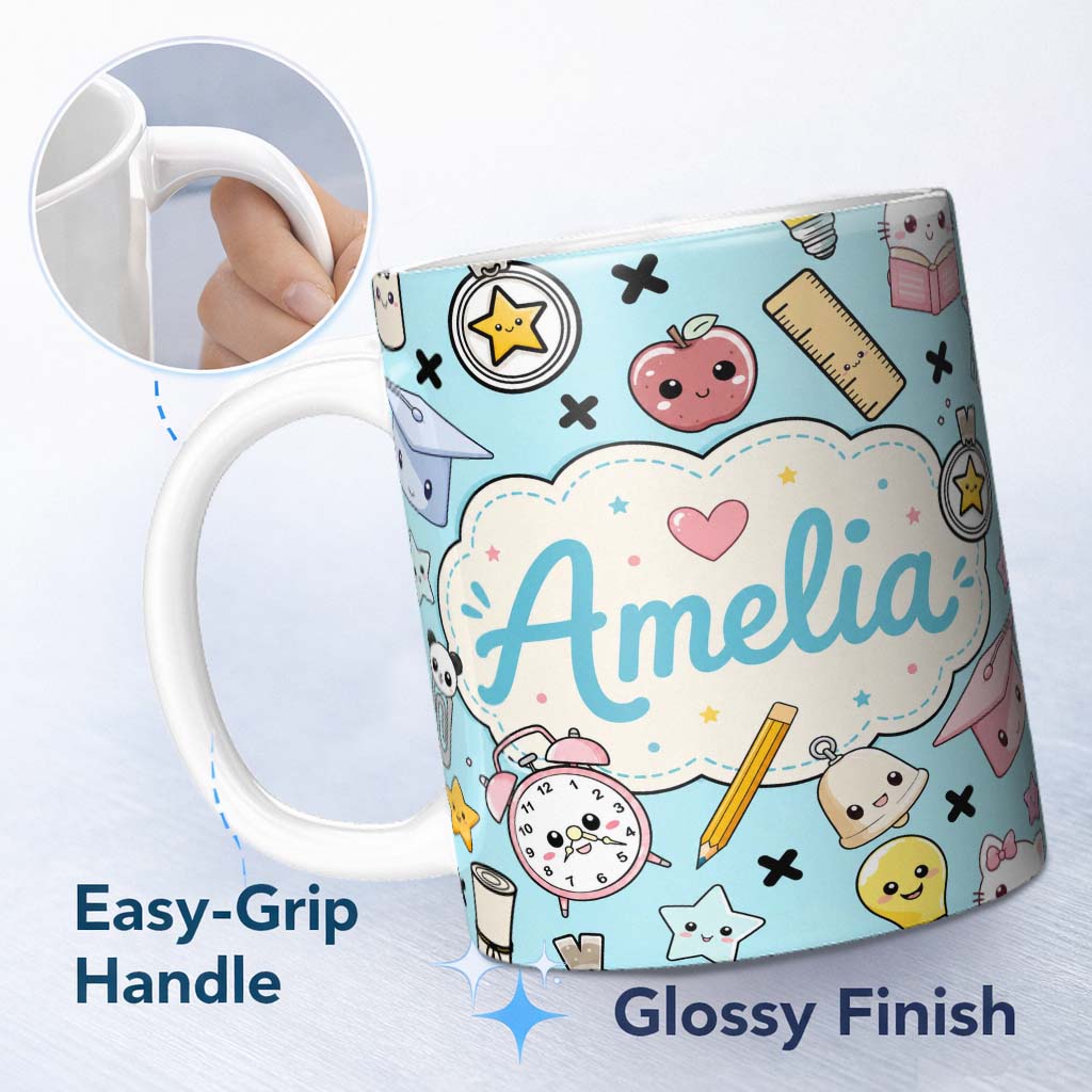 Personalized Custom Name Cute Kawaii School Cat Books Apple Clock Supplies Pattern Blue 11oz Ceramic Coffee Tea Mug White Large Handle