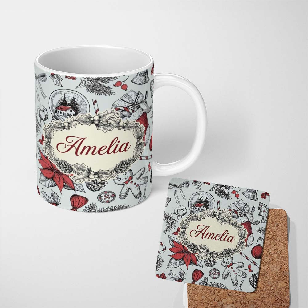 Personalized Custom Name Vintage Christmas Sketch Stocking Candy Cane Seamless Pattern Lovely 11oz Ceramic Coffee Tea Mug White Large Handle