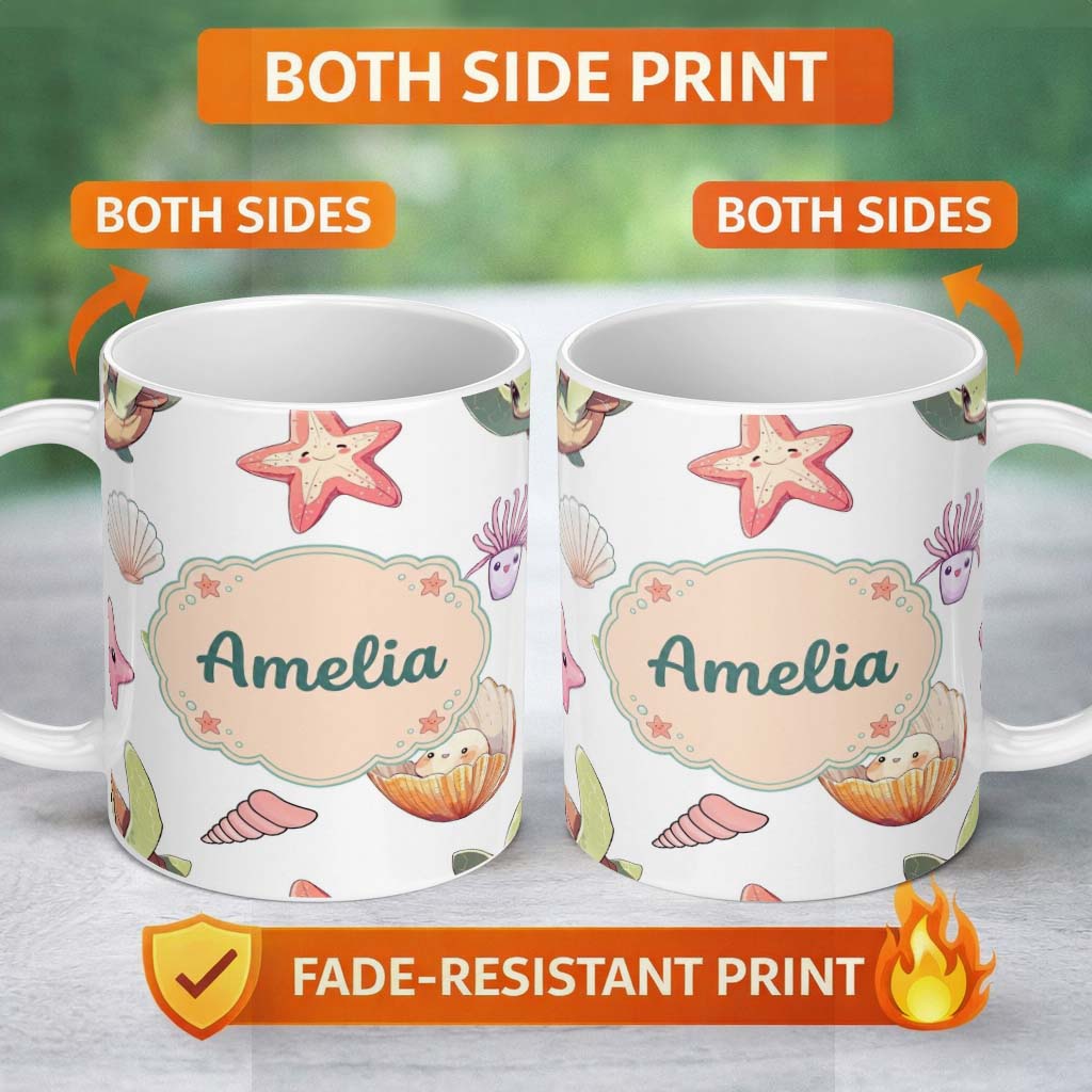 Personalized Custom Name Cute Kawaii Sea Turtle Starfish Shells Ocean Friends Light Grey 11oz Ceramic Coffee Tea Mug White Large Handle