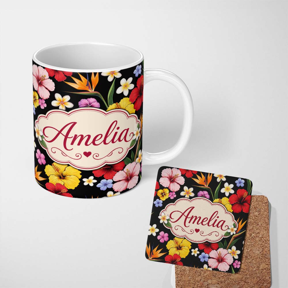 Personalized Custom Name Tropical Hibiscus Bird of Paradise Seamless Pattern Black Background 11oz Ceramic Coffee Tea Mug White Large Handle