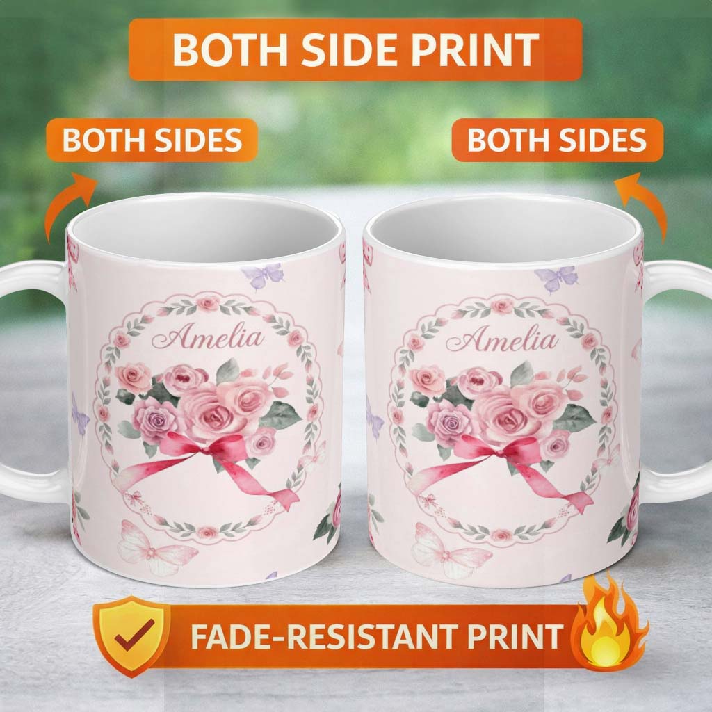 Personalized Custom Name Cute Watercolor Roses Bouquet with Red Ribbon Light Pink Background 11oz Ceramic Coffee Tea Mug White Large Handle