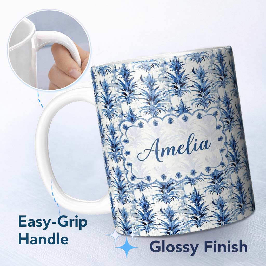 Personalized Custom Name Blue Tropical Botanical Grunge Texture Seamless Pattern Lovely 11oz Ceramic Coffee Tea Mug White Large Handle
