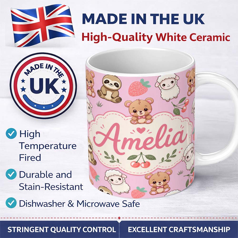 Personalized Custom Name Cute Baby Animals Bear Sheep Sloth Strawberry Cherry Pink Background 11oz Ceramic Coffee Tea Mug White Large Handle
