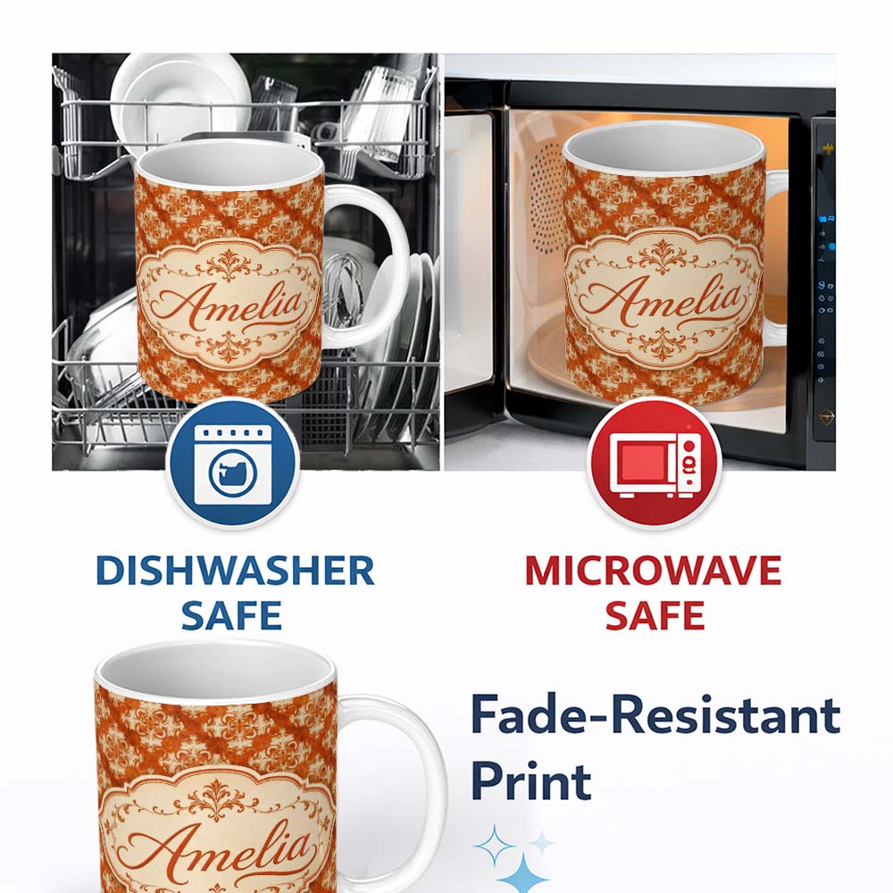 Personalized Custom Name Vintage Orange Damask Ornamental Texture Seamless Pattern Design 11oz Ceramic Coffee Tea Mug White Large Handle