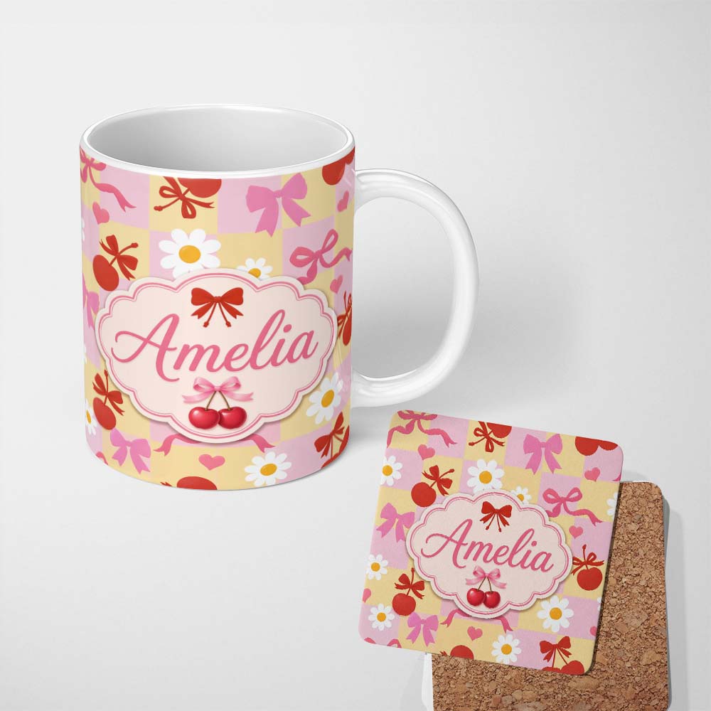 Personalized Custom Name Cute Cherry Bow Daisy Heart on Pink and Yellow Gingham Background 11oz Ceramic Coffee Tea Mug White Large Handle
