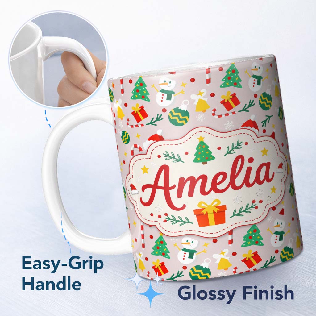 Personalized Custom Name Cute Snowman Christmas Tree Bauble Gift Seamless Pattern Lovely 11oz Ceramic Coffee Tea Mug White Large Handle