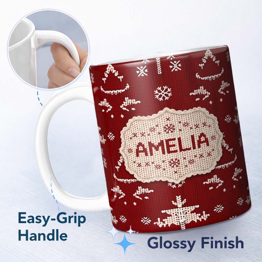 Personalized Custom Name Cute Nordic Knitted Christmas Tree Snowflake Red Seamless Pattern 11oz Ceramic Coffee Tea Mug White Large Handle