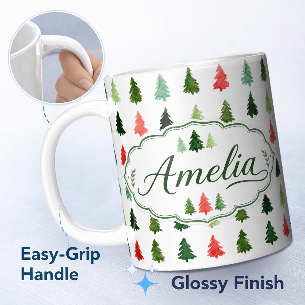 Personalized Custom Name Watercolor Christmas Tree Pattern Green and Red Festive Seamless 11oz Ceramic Coffee Tea Mug White Large Handle