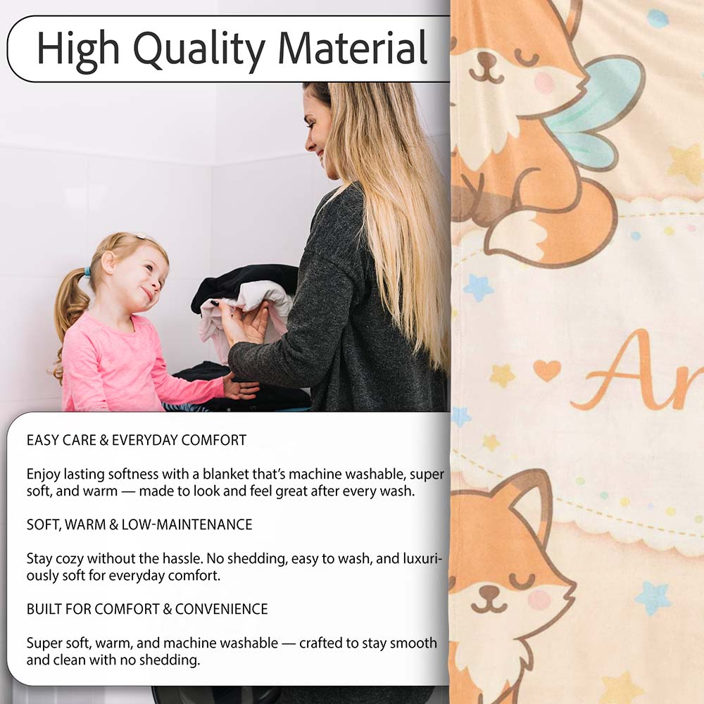 Cute Fairy Fox Cartoon Animal Pattern Cute Unique Gift Lovely Personalised Custom Name Super Soft Fleece Blanket Bed Sofa Throw