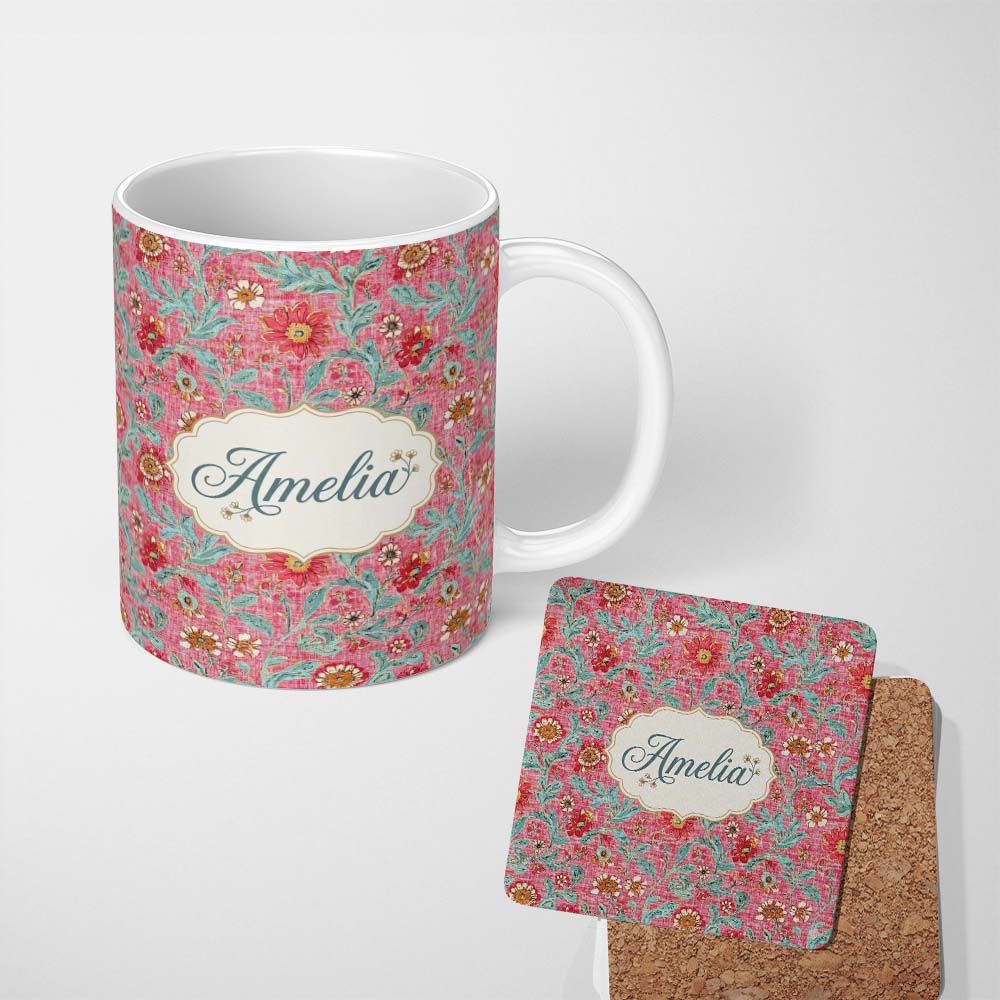 Personalized Custom Name Vintage Floral Pattern with Blue Leaves and Pink Flowers Seamless 11oz Ceramic Coffee Tea Mug White Large Handle