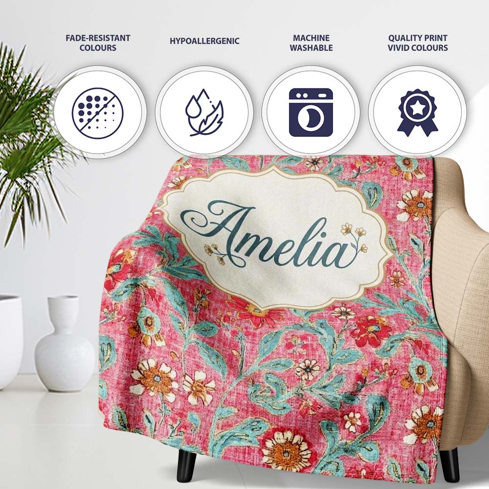 Vintage Floral Pattern with Blue Leaves and Pink Flowers Seamless Personalised Custom Name Super Soft Fleece Blanket Bed Sofa Throw