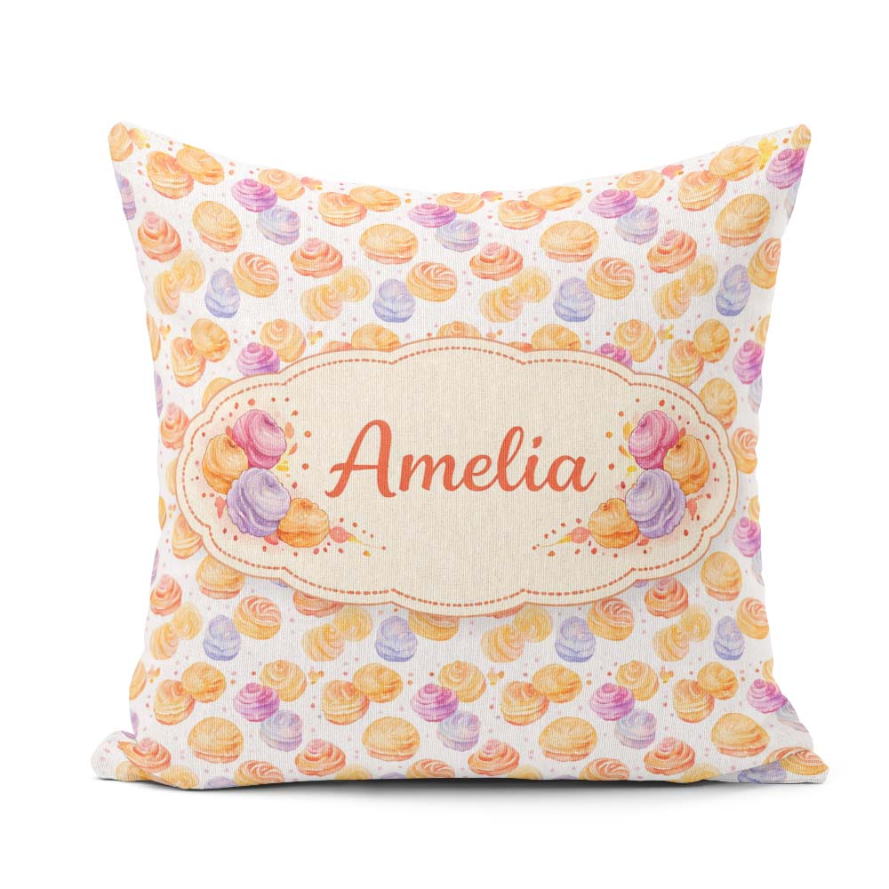 Custom Name Pastel Cream Swirl Meringue Dessert Seamless Pattern Square Filled Cushion Throw Pillow Sofa Bed Home Decor Zip Washable UK Made