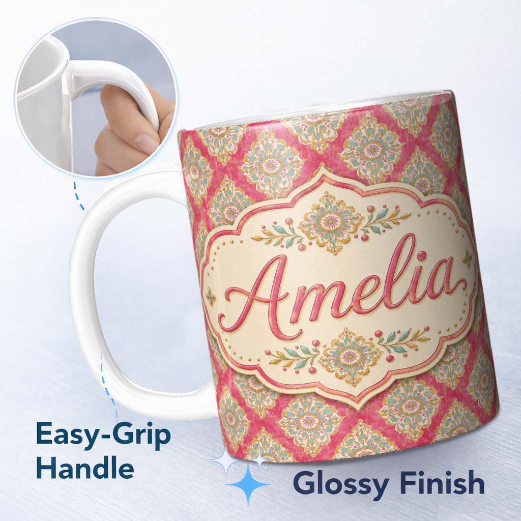 Personalized Custom Name Elegant Ornamental Medallion Pattern on Pink Background Seamless 11oz Ceramic Coffee Tea Mug White Large Handle