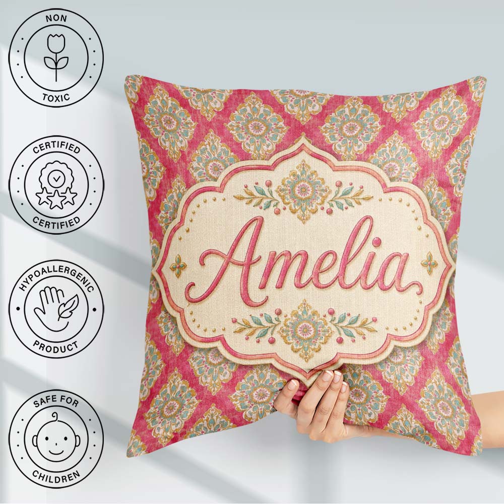 Custom Name Elegant Ornamental Medallion Pattern Pink Background Square Filled Cushion Throw Pillow Sofa Bed Home Decor Zip Washable UK Made