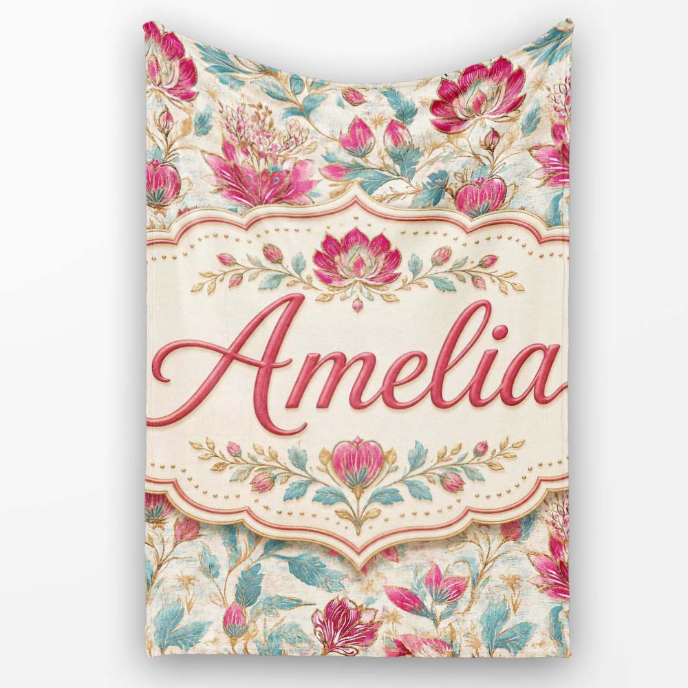 Vintage Botanical Floral Pattern with Pink Blooms Seamless Name Cute Personalised Custom Name Super Soft Fleece Blanket Bed Sofa Throw